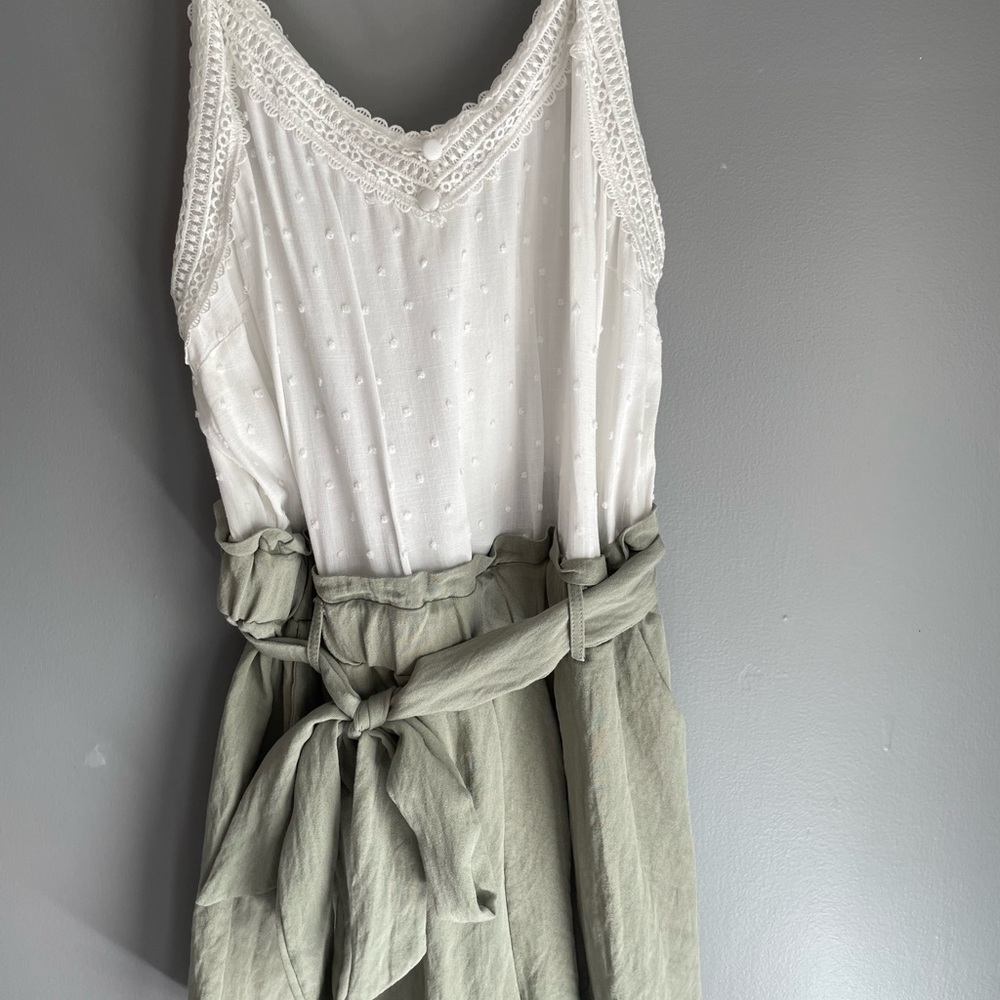 Women’s White Lace-Trim Tank with Sage Paperbag Waist Skirt